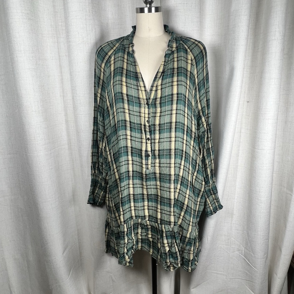 Free People Alexa Green Plaid Drop Ruffle Hem Mini Babydoll Boho Dress Medium